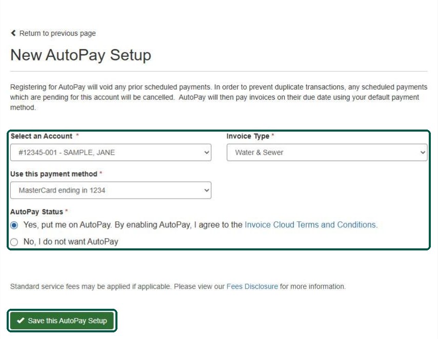 InvoiceCloud New AutoPay Setup form with account, payment method and Save button highlighted