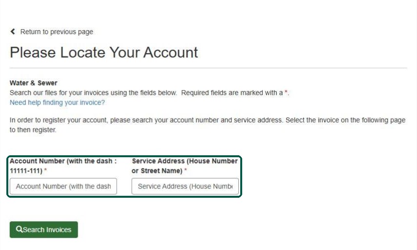 InvoiceCloud account search screen with Account Number and Service Address fields highlighted