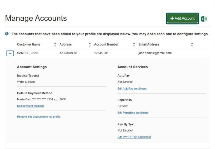 InvoiceCloud Manage Accounts page with the Add Account button highlighted