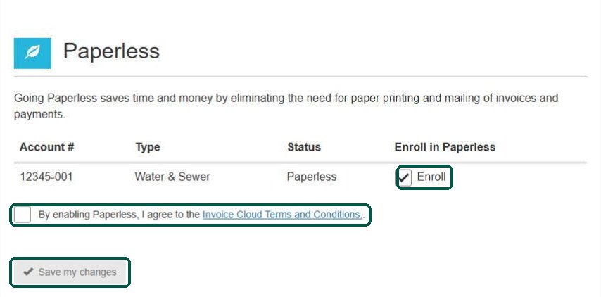 InvoiceCloud Paperless page with the Enroll checkbox, terms checkbox and Save button highlighted