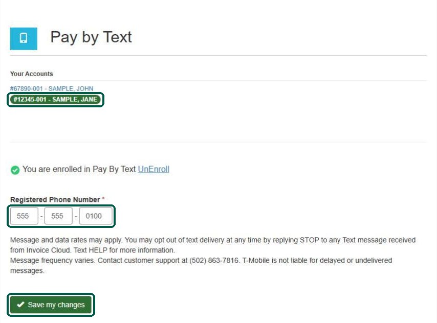 InvoiceCloud Pay by Text page with account, phone number and Save button highlighted