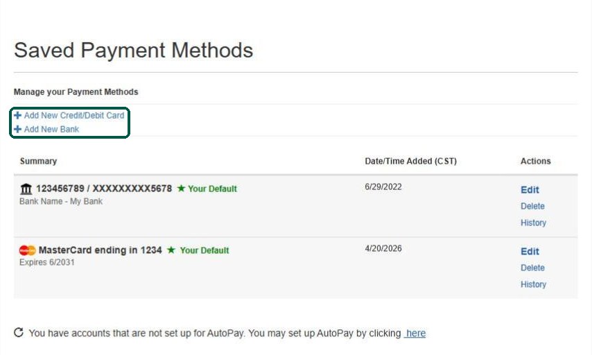 InvoiceCloud Saved Payment Methods page with the add card and add bank links highlighted